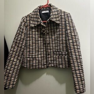 Mango Black and Cream Plaid Cropped Tweed Blazer